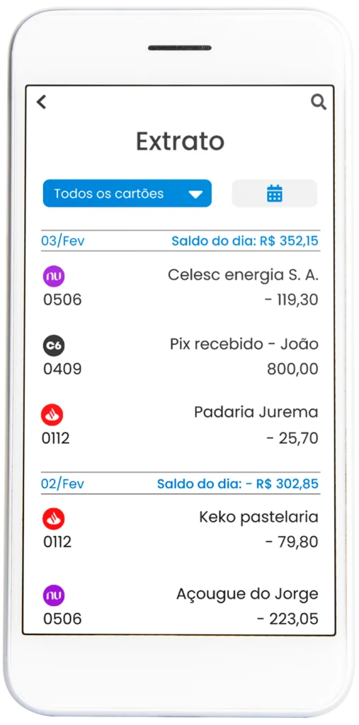Celular demonstrando a página de extrato unificado Open Banking